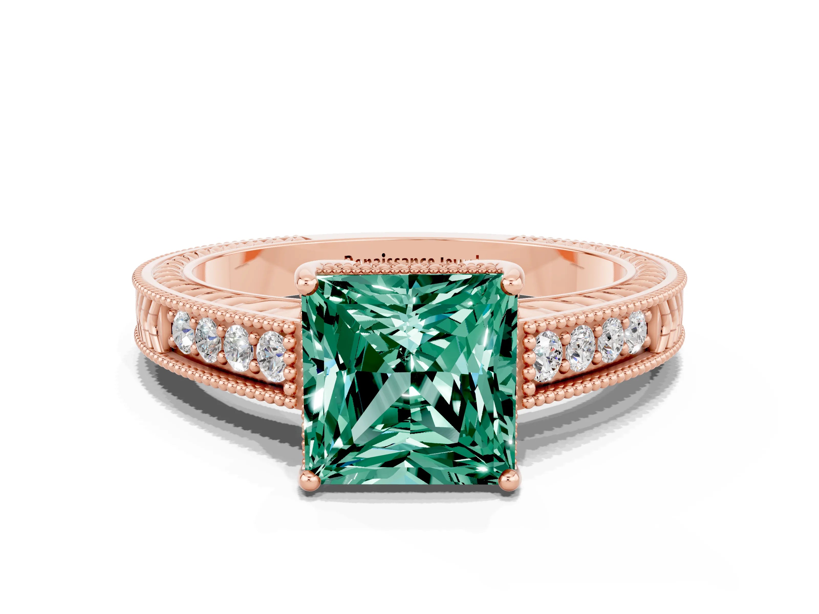 Rose gold Princess Cut Green Sapphire Ring with Milgrain Pavé Band and Four-Prong Setting_12