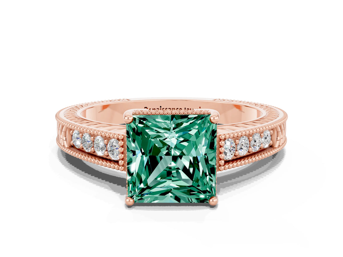 Rose gold Princess Cut Green Sapphire Ring with Milgrain Pavé Band and Four-Prong Setting_12