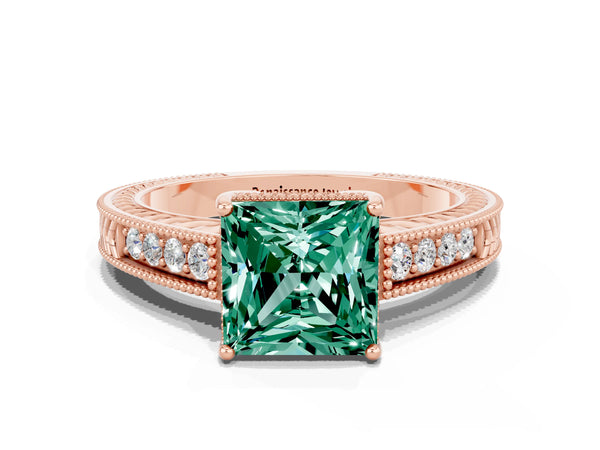 Rose gold Princess Cut Green Sapphire Ring with Milgrain Pavé Band and Four-Prong Setting