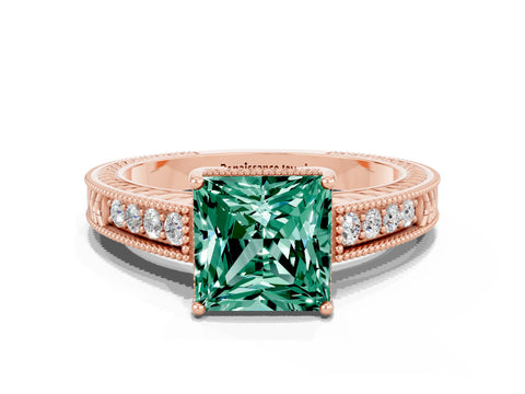 Rose gold Princess Cut Green Sapphire Ring with Milgrain Pavé Band and Four-Prong Setting_12