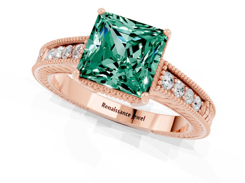 Rose gold Princess Cut Green Sapphire Ring with Milgrain Pavé Band and Four-Prong Setting_13
