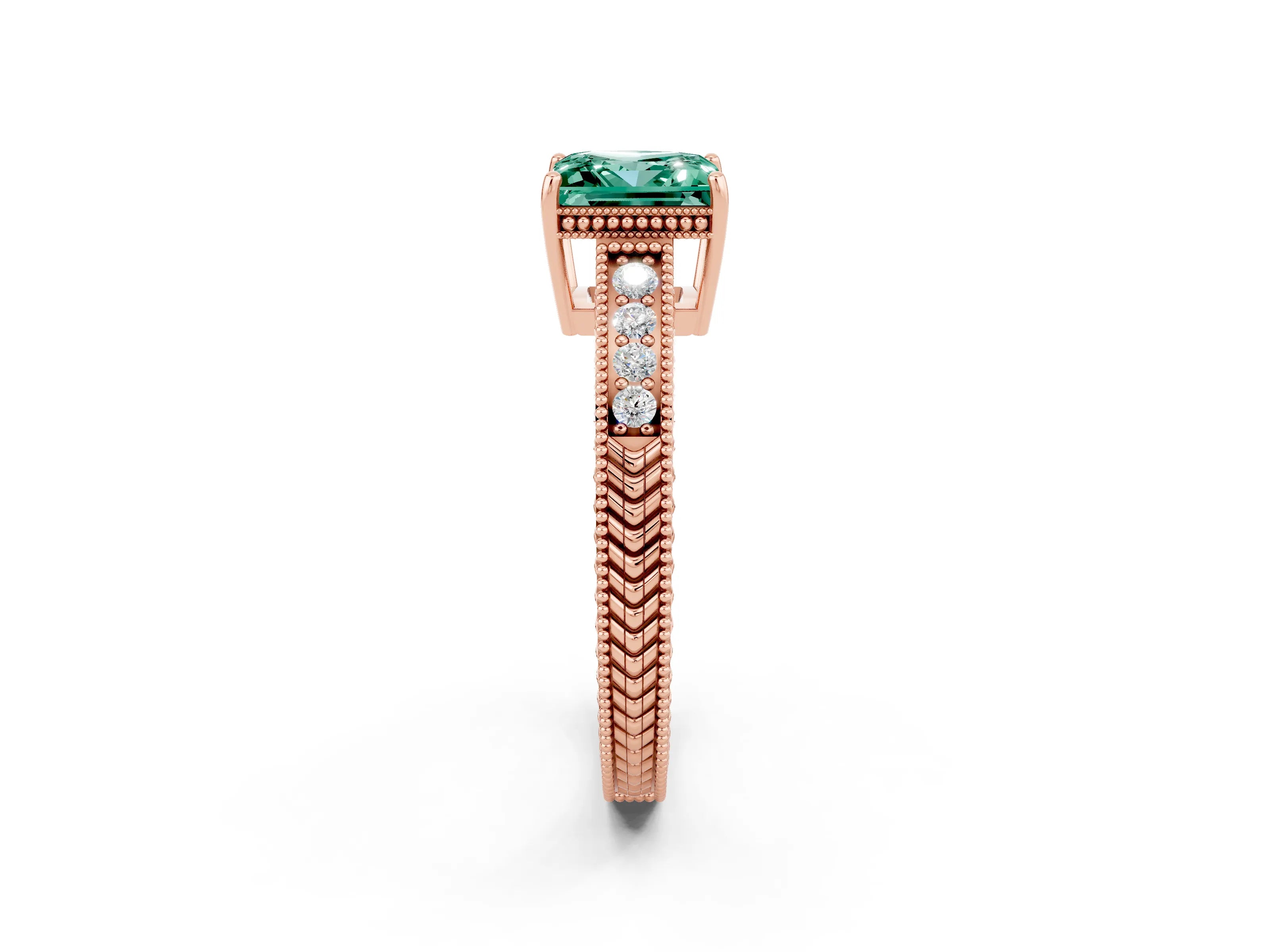 Rose gold Princess Cut Green Sapphire Ring with Milgrain Pavé Band and Four-Prong Setting_14