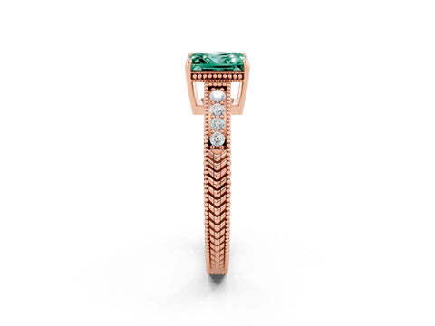 Rose gold Princess Cut Green Sapphire Ring with Milgrain Pavé Band and Four-Prong Setting_14