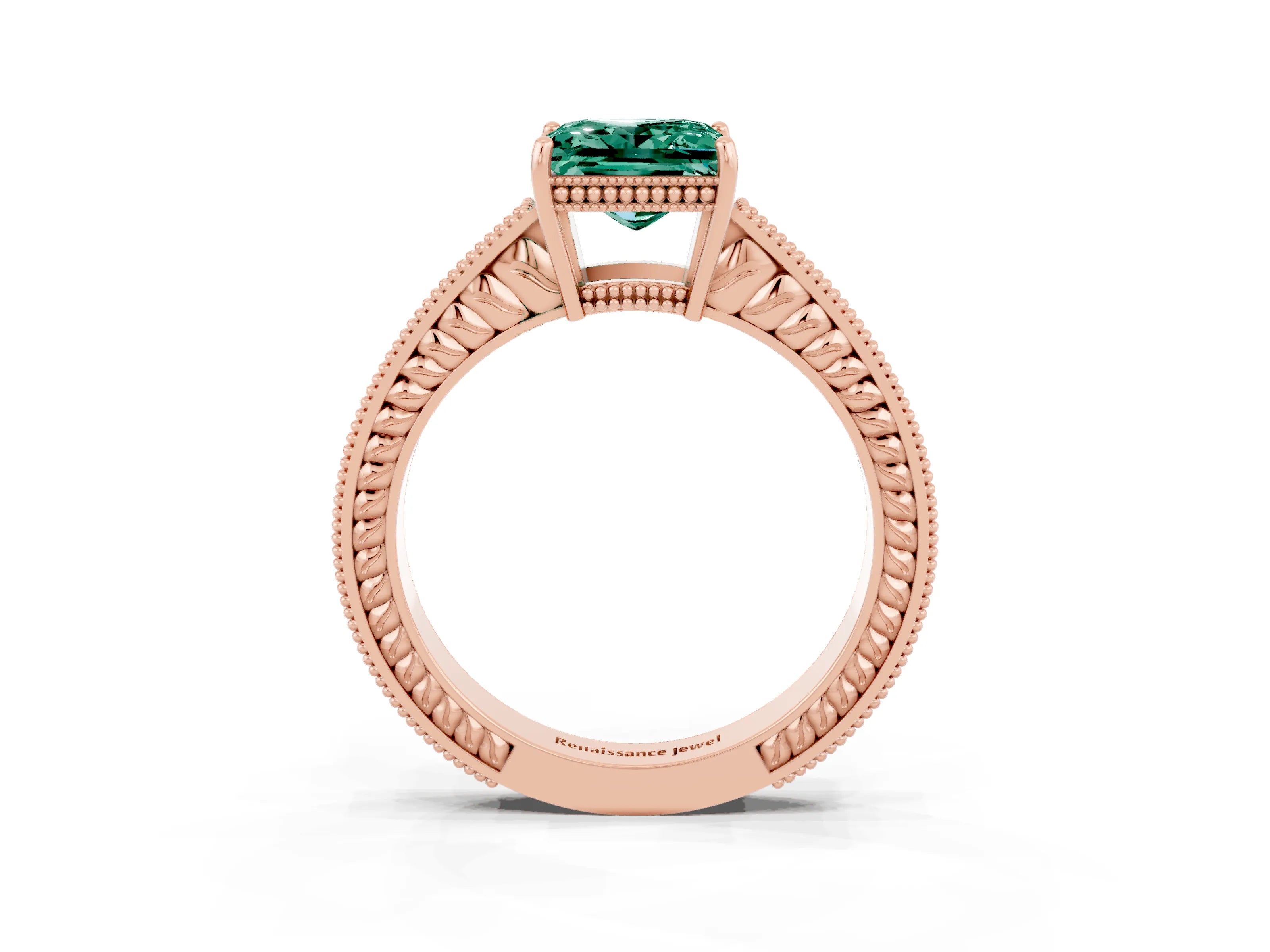 Rose gold Princess Cut Green Sapphire Ring with Milgrain Pavé Band and Four-Prong Setting_15