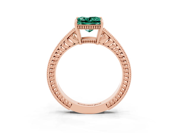 Rose gold Princess Cut Green Sapphire Ring with Milgrain Pavé Band and Four-Prong Setting