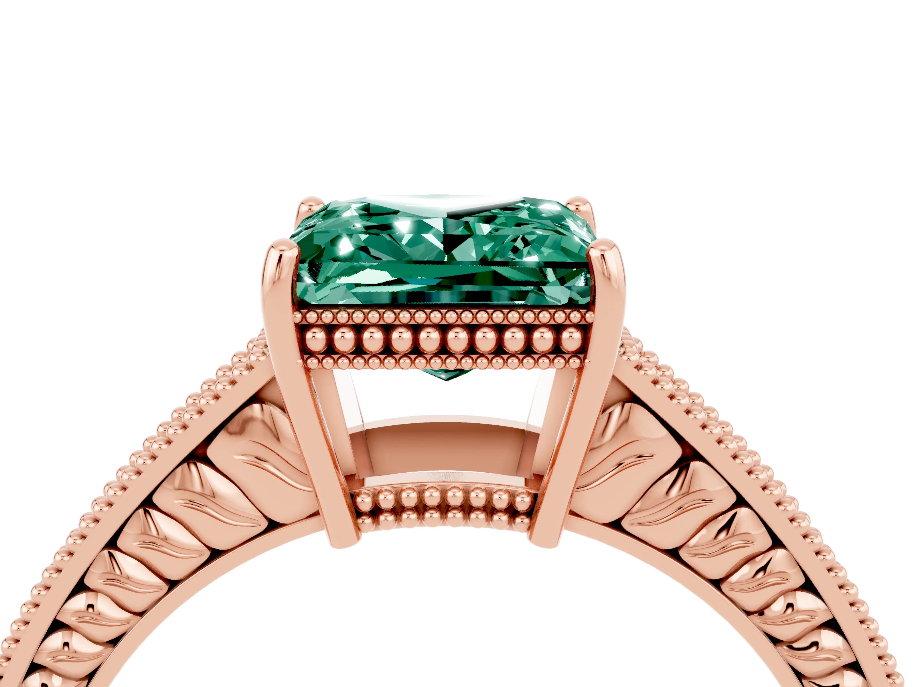 Rose gold Princess Cut Green Sapphire Ring with Milgrain Pavé Band and Four-Prong Setting_16