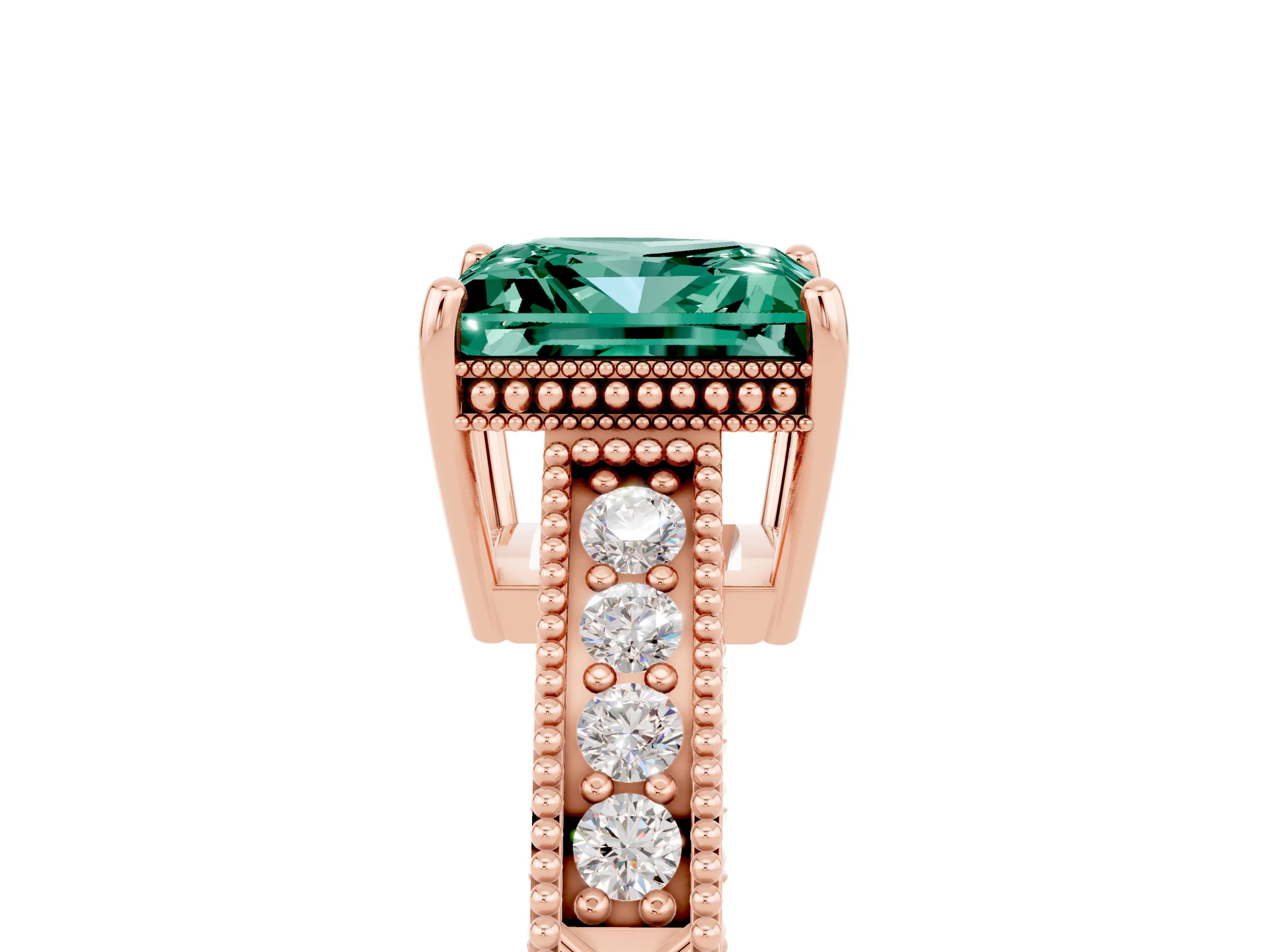 Rose gold Princess Cut Green Sapphire Ring with Milgrain Pavé Band and Four-Prong Setting_17
