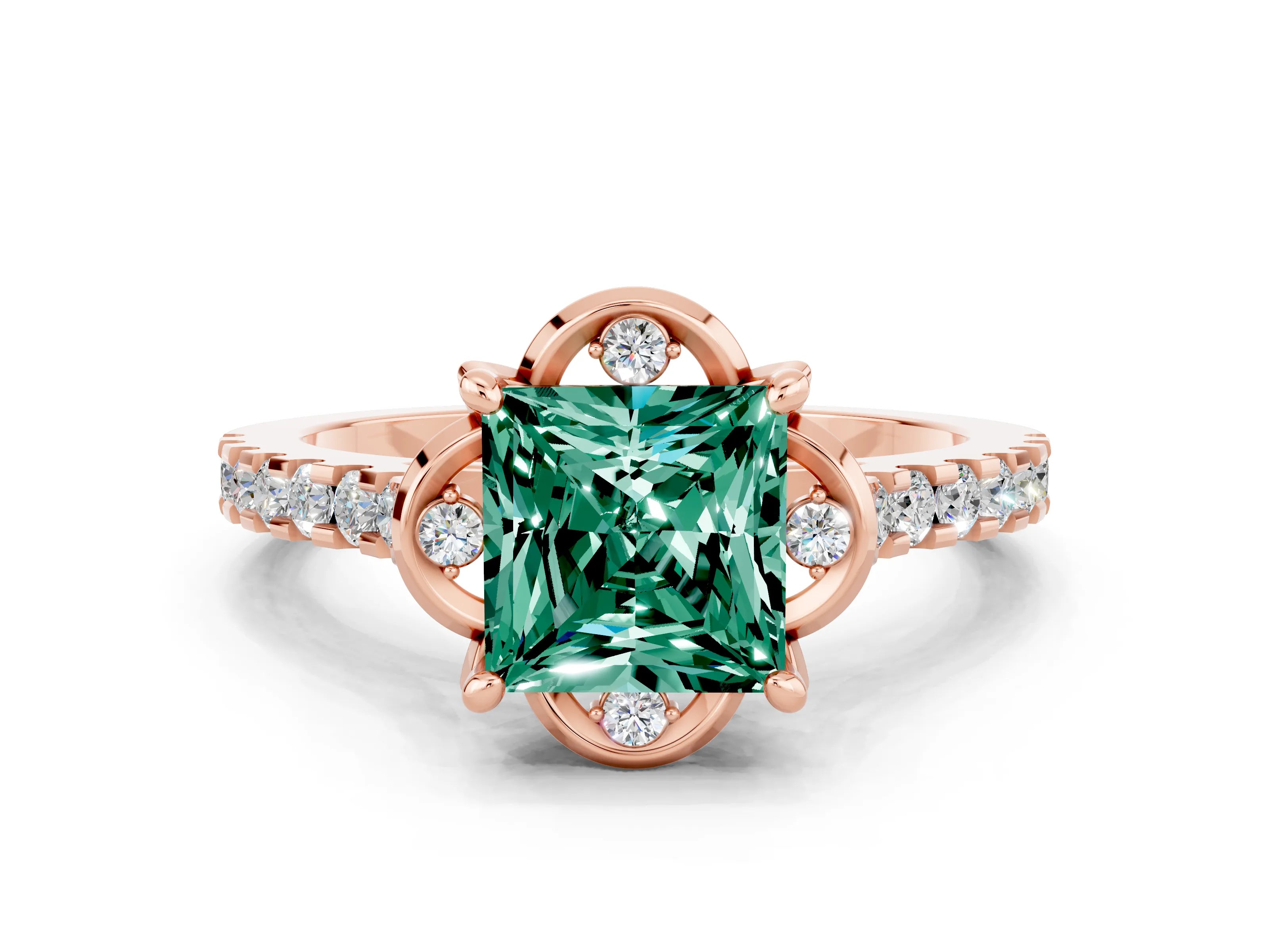 Rose gold Princess Cut Green Sapphire Ring with Pavé Band and Floral Prong Setting