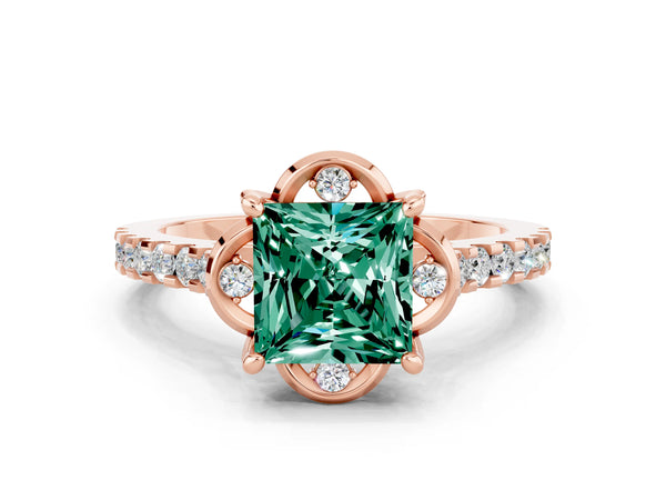 Rose gold Princess Cut Green Sapphire Ring with Pavé Band and Floral Prong Setting