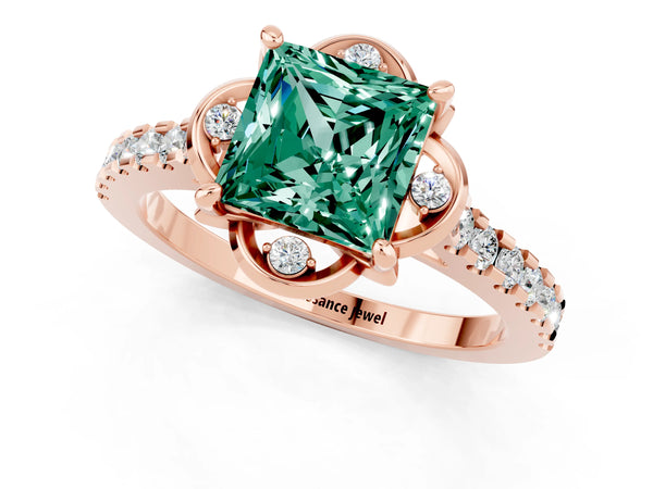Rose gold Princess Cut Green Sapphire Ring with Pavé Band and Floral Prong Setting
