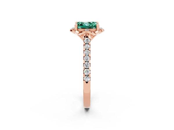 Rose gold Princess Cut Green Sapphire Ring with Pavé Band and Floral Prong Setting