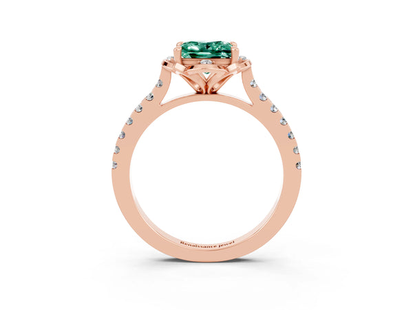 Rose gold Princess Cut Green Sapphire Ring with Pavé Band and Floral Prong Setting