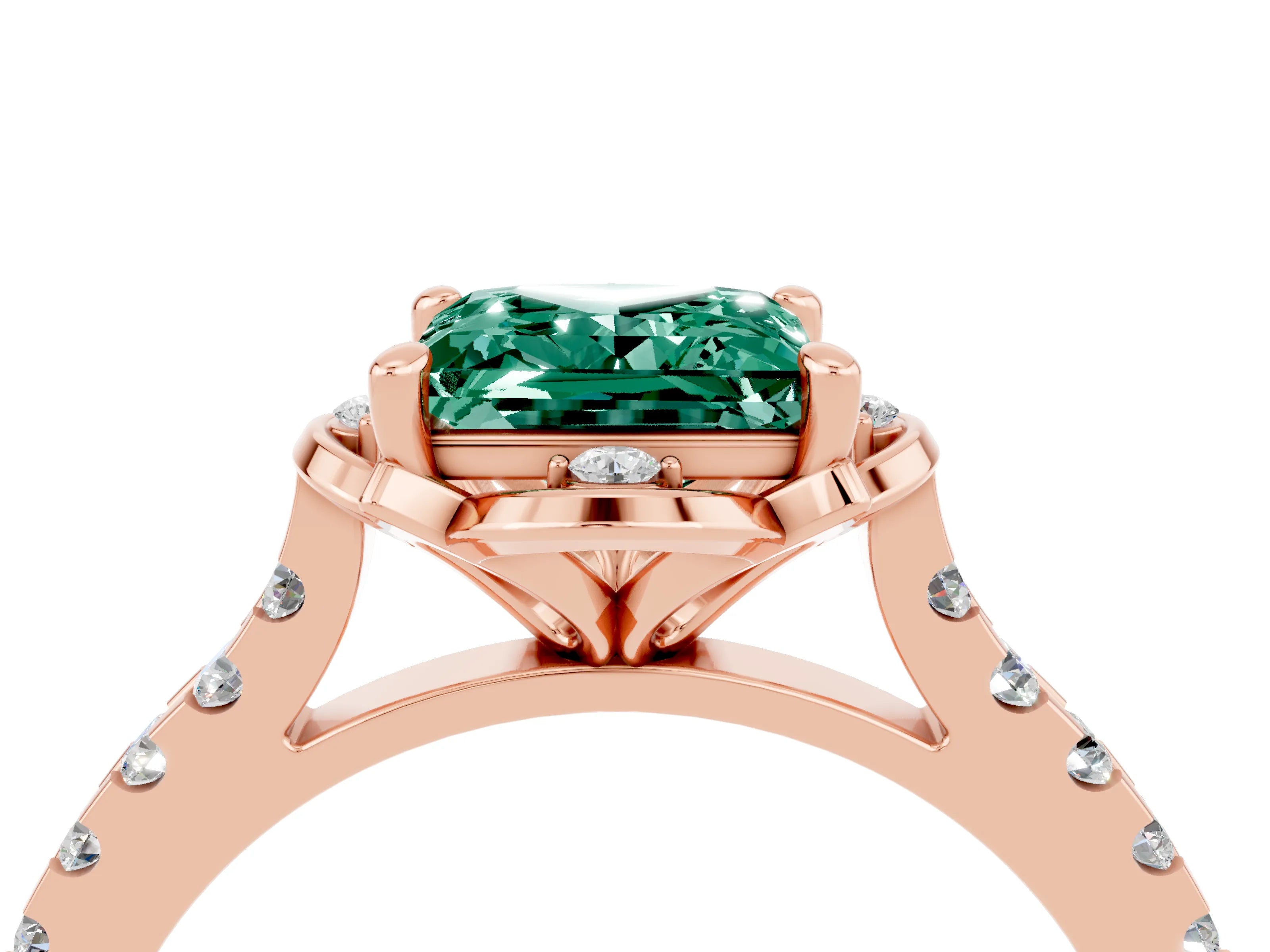 Rose gold Princess Cut Green Sapphire Ring with Pavé Band and Floral Prong Setting_4