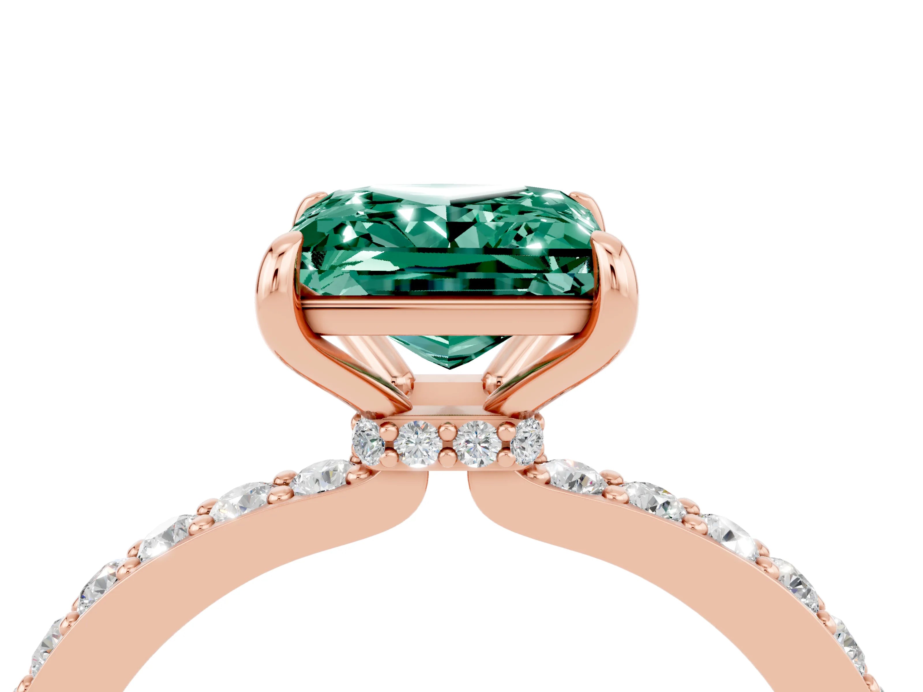 Rose gold Princess Cut Green Sapphire Ring with Pavé Band and Four-Prong Setting_4