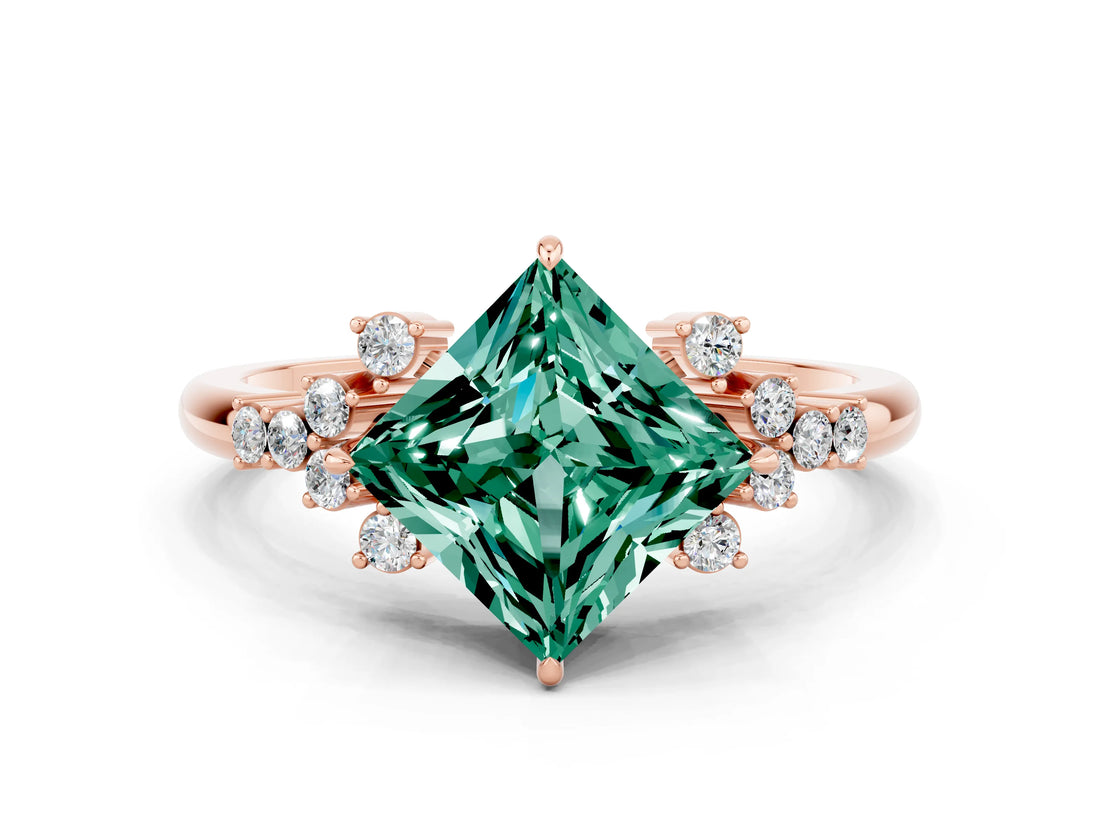 Rose gold Princess Cut Green Sapphire Ring with Side Stones and Four-Prong Setting_36