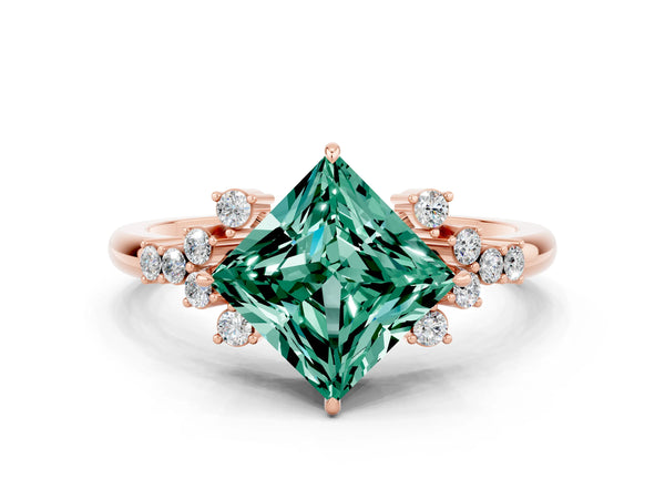 Rose gold Princess Cut Green Sapphire Ring with Side Stones and Four-Prong Setting