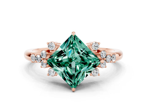 Rose gold Princess Cut Green Sapphire Ring with Side Stones and Four-Prong Setting_36