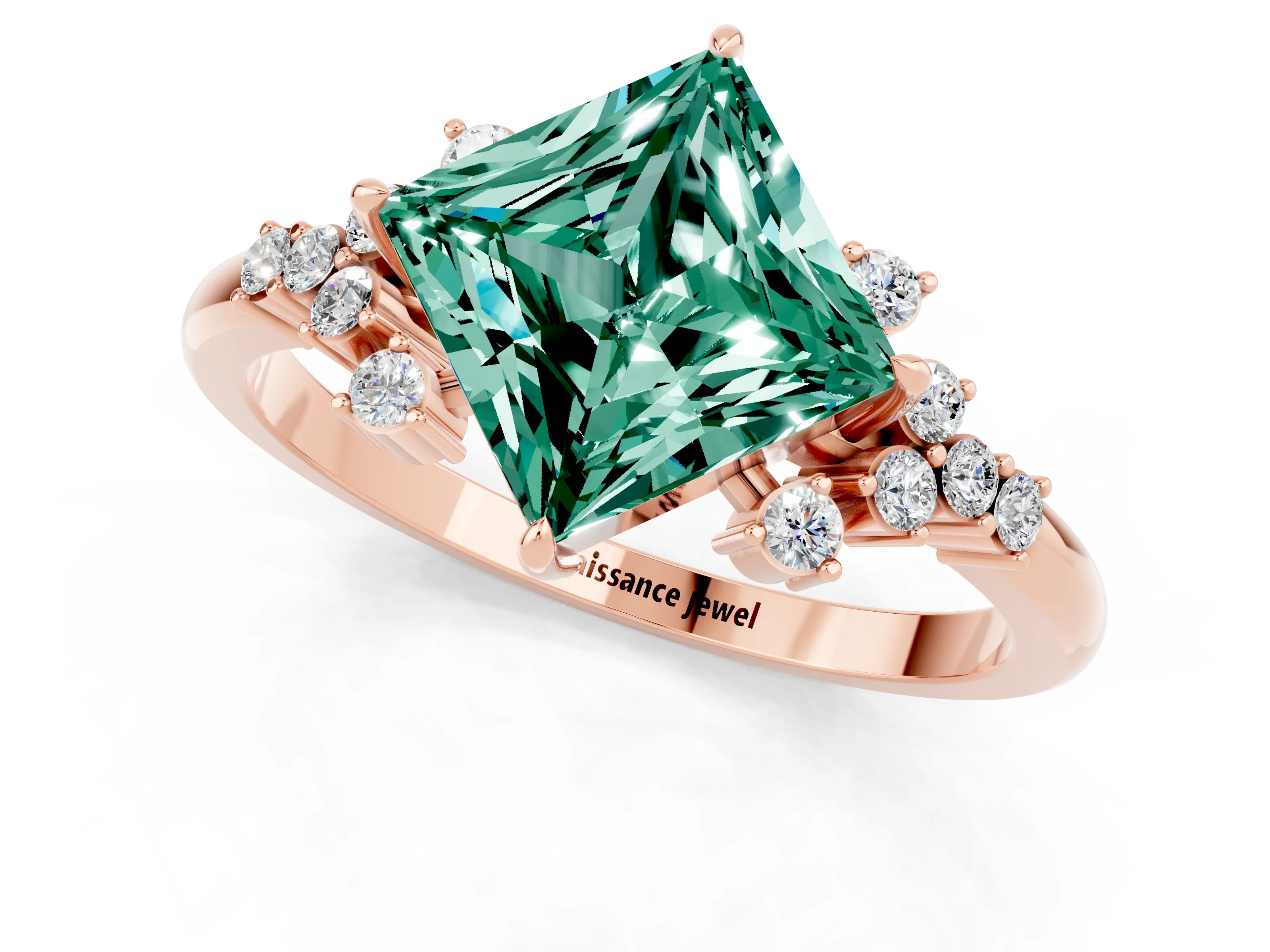 Rose gold Princess Cut Green Sapphire Ring with Side Stones and Four-Prong Setting_37