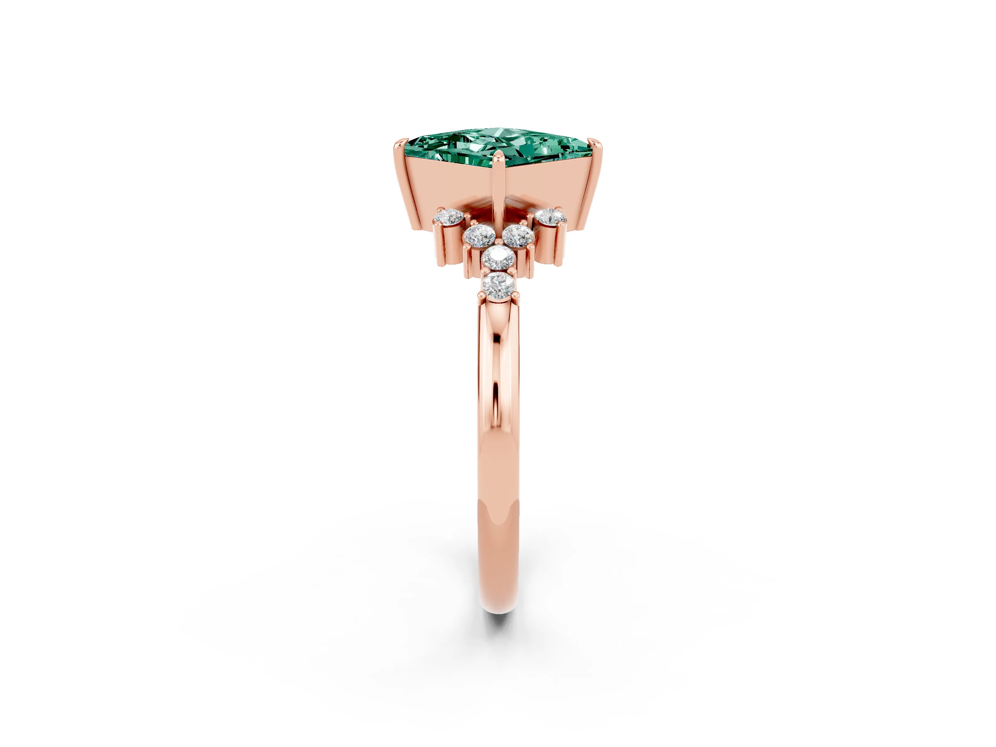 Rose gold Princess Cut Green Sapphire Ring with Side Stones and Four-Prong Setting_38
