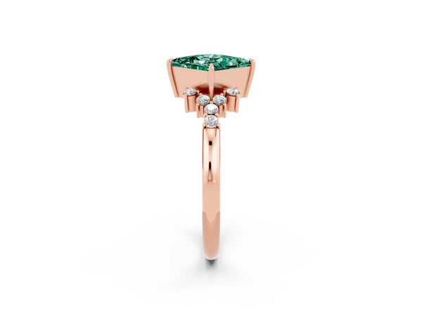 Rose gold Princess Cut Green Sapphire Ring with Side Stones and Four-Prong Setting
