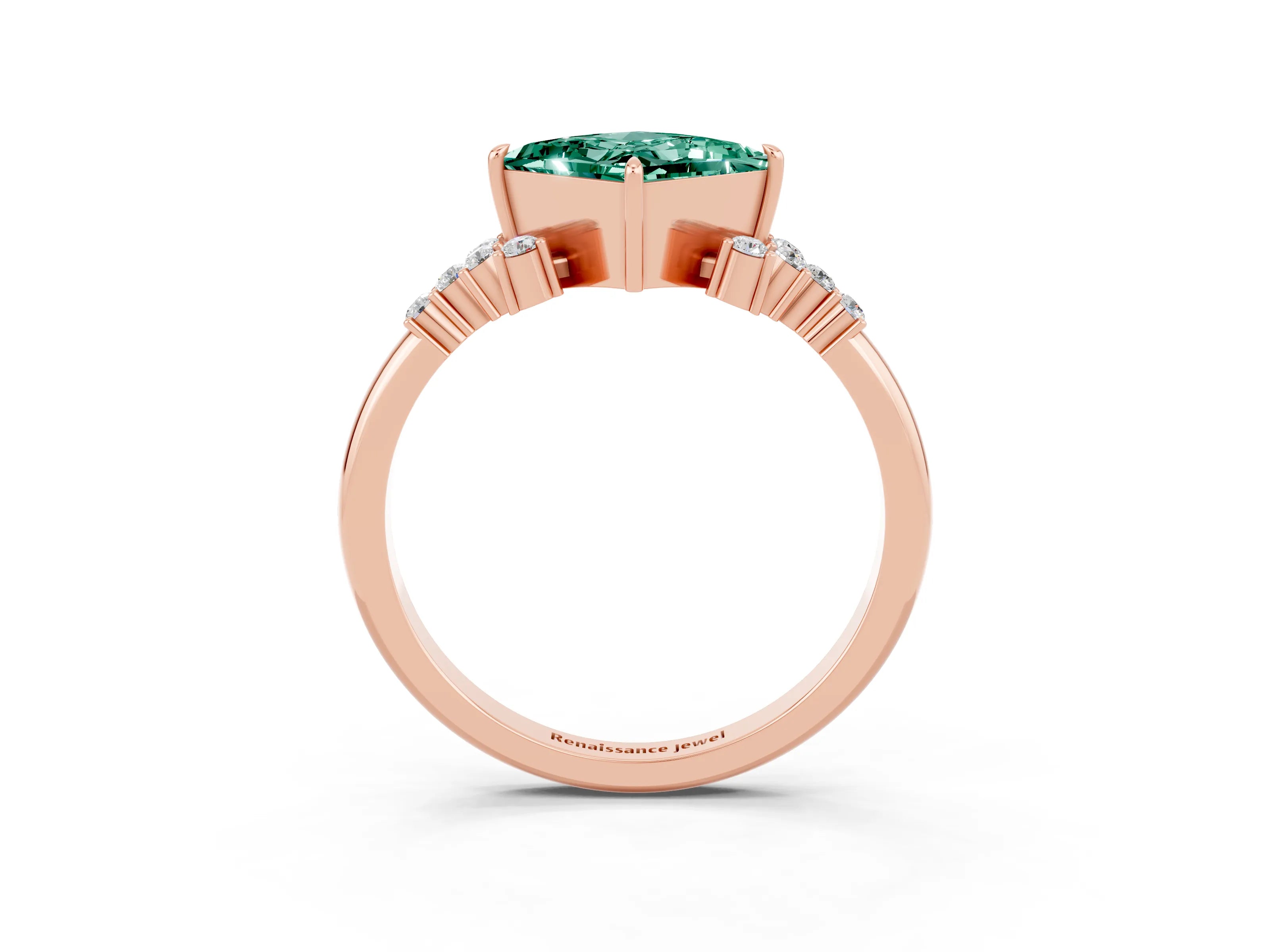 Rose gold Princess Cut Green Sapphire Ring with Side Stones and Four-Prong Setting_39