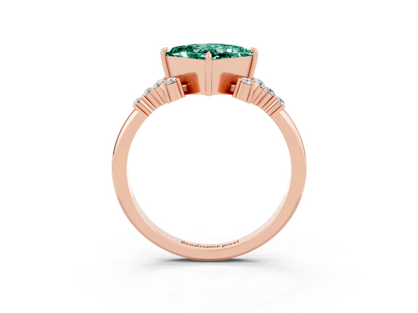 Rose gold Princess Cut Green Sapphire Ring with Side Stones and Four-Prong Setting