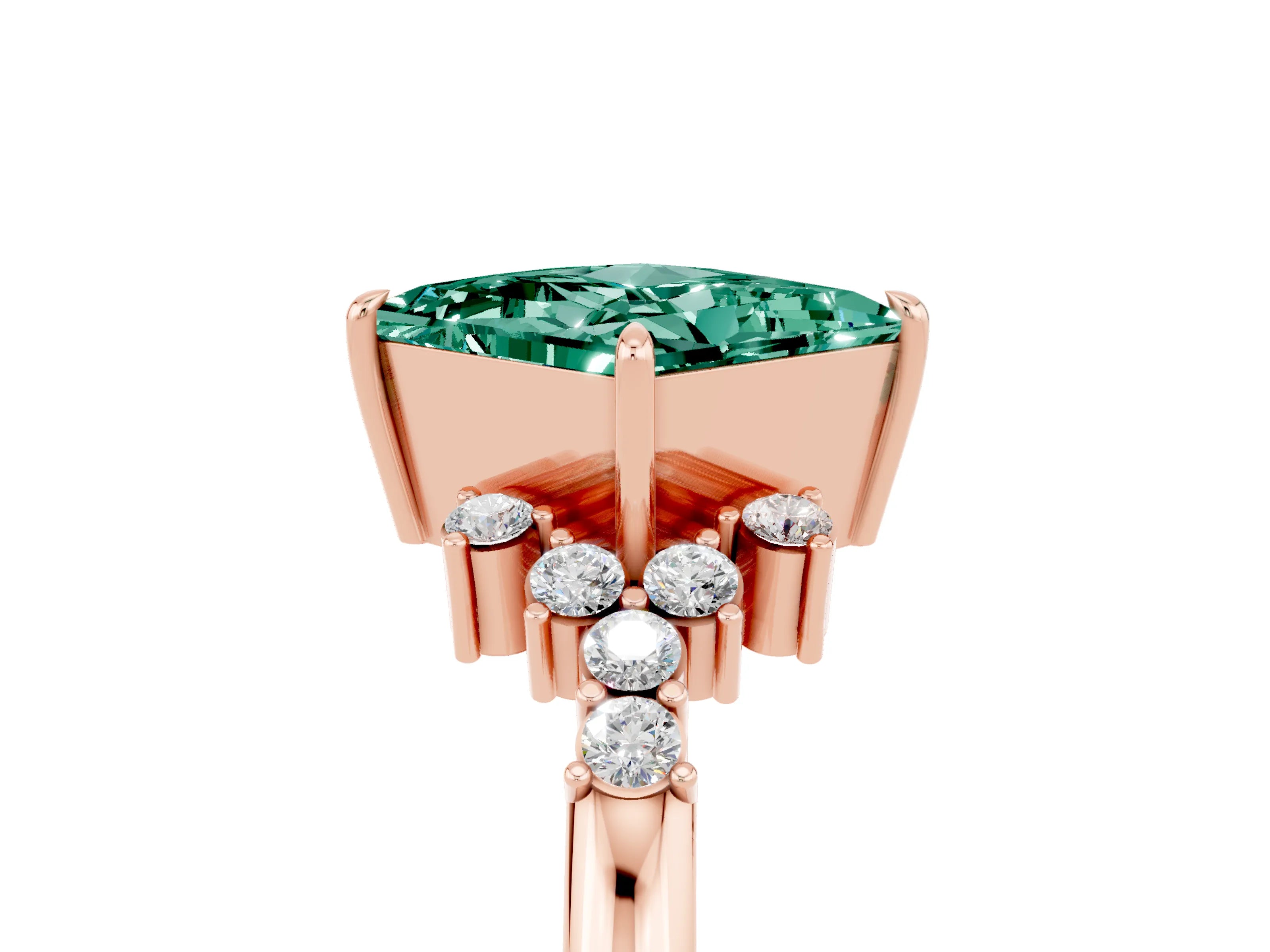 Rose gold Princess Cut Green Sapphire Ring with Side Stones and Four-Prong Setting_41