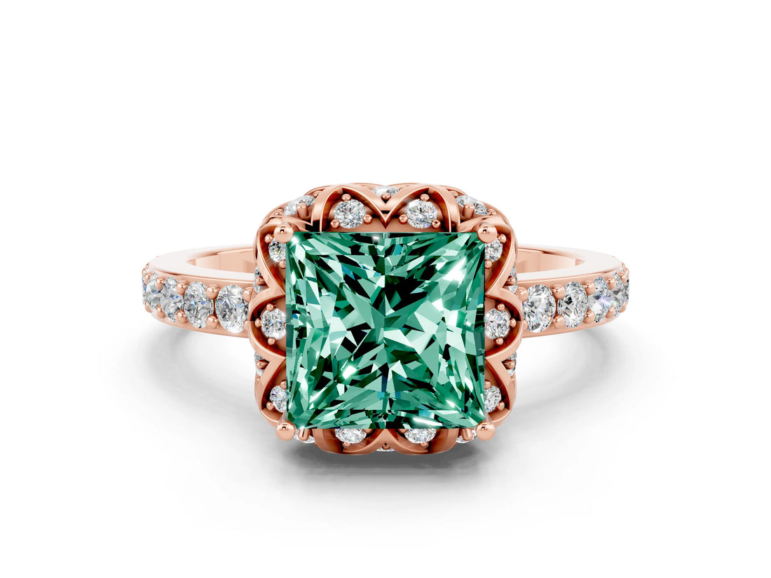 Rose gold Princess Cut Green Sapphire Scalloped Halo Engagement Ring with Round Shared Prong Band_12