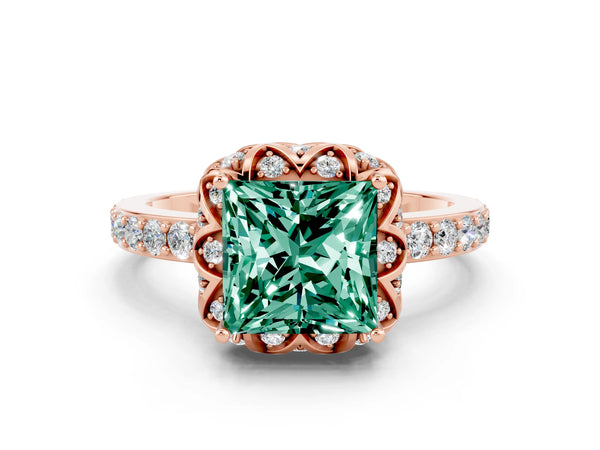 Rose gold Princess Cut Green Sapphire Scalloped Halo Engagement Ring with Round Shared Prong Band