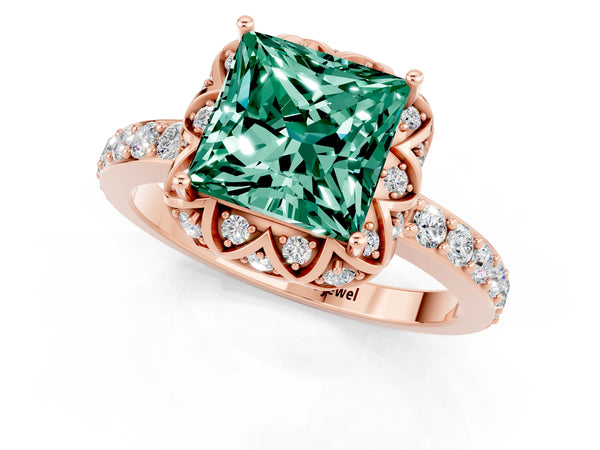 Rose gold Princess Cut Green Sapphire Scalloped Halo Engagement Ring with Round Shared Prong Band