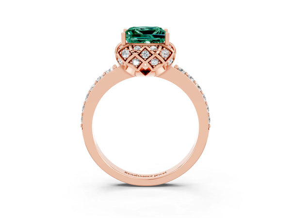 Rose gold Princess Cut Green Sapphire Scalloped Halo Engagement Ring with Round Shared Prong Band