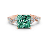 Rose gold Princess Cut Green Sapphire Scattered Round Accent Ring with Prong Setting_27