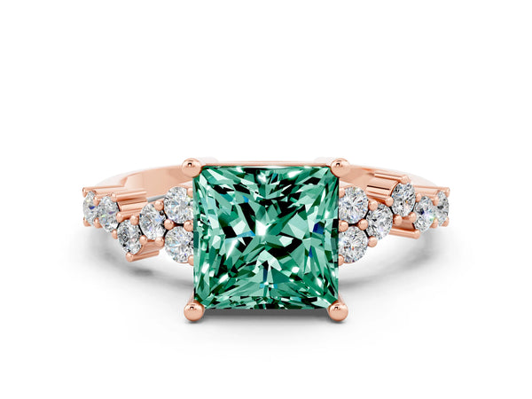 Rose gold Princess Cut Green Sapphire Scattered Round Accent Ring with Prong Setting
