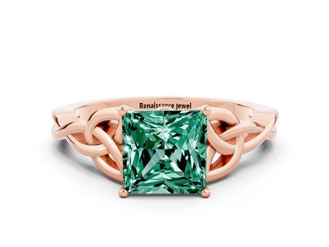 Rose gold Princess Cut Green Sapphire Solitaire Celtic Knot Ring with Four-Prong Setting_12