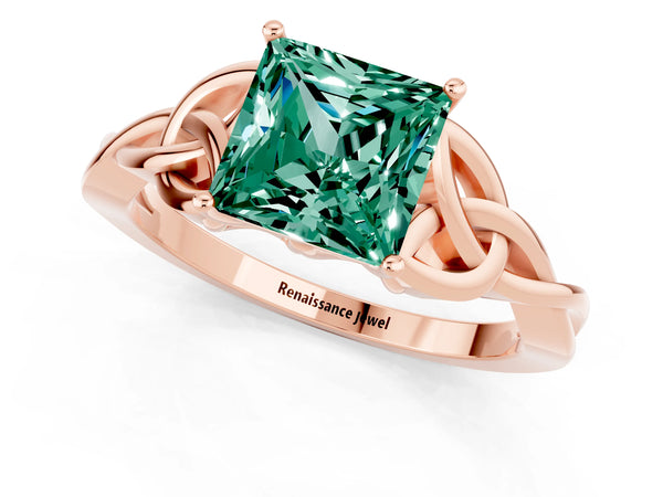 Rose gold Princess Cut Green Sapphire Solitaire Celtic Knot Ring with Four-Prong Setting