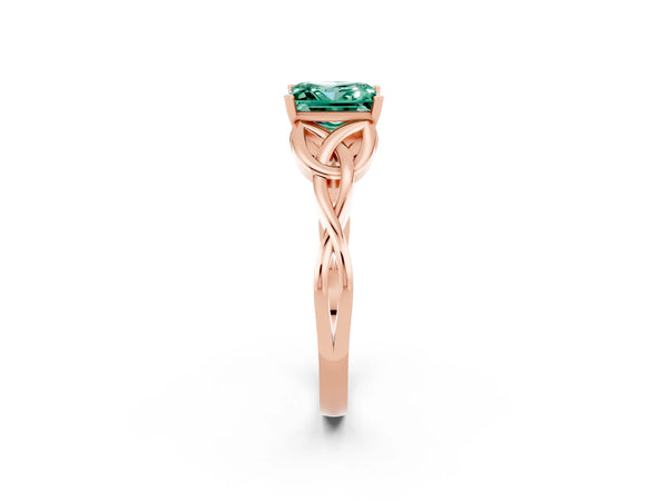 Rose gold Princess Cut Green Sapphire Solitaire Celtic Knot Ring with Four-Prong Setting