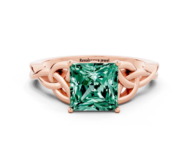 Rose gold Princess Cut Green Sapphire Solitaire Engagement Ring with Celtic Knot Band and Four-Prong Setting