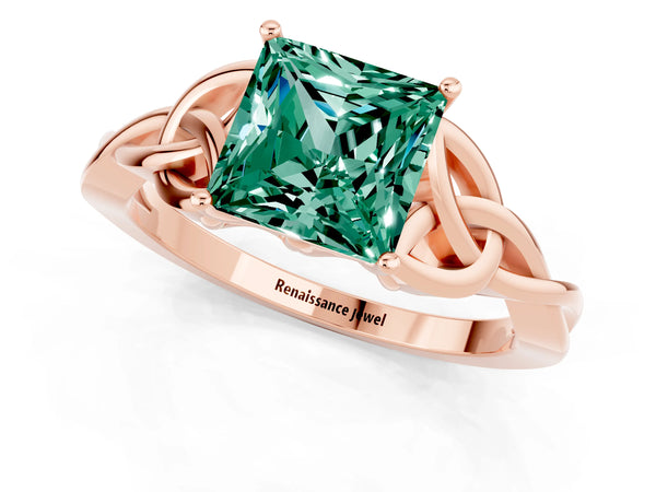 Rose gold Princess Cut Green Sapphire Solitaire Engagement Ring with Celtic Knot Band and Four-Prong Setting