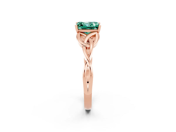 Rose gold Princess Cut Green Sapphire Solitaire Engagement Ring with Celtic Knot Band and Four-Prong Setting