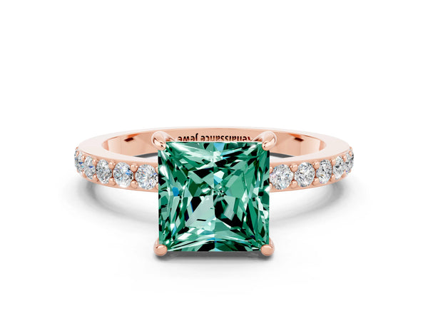 Rose gold Princess Cut Green Sapphire Solitaire Engagement Ring with Pavé Band and Four-Prong Setting