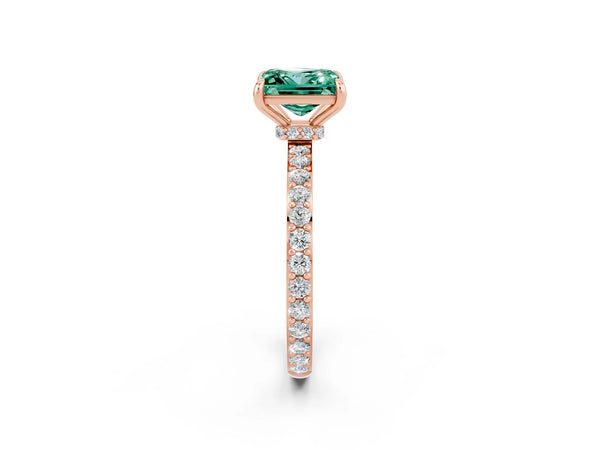 Rose gold Princess Cut Green Sapphire Solitaire Engagement Ring with Pavé Band and Four-Prong Setting