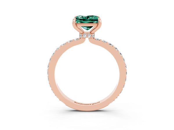 Rose gold Princess Cut Green Sapphire Solitaire Engagement Ring with Pavé Band and Four-Prong Setting