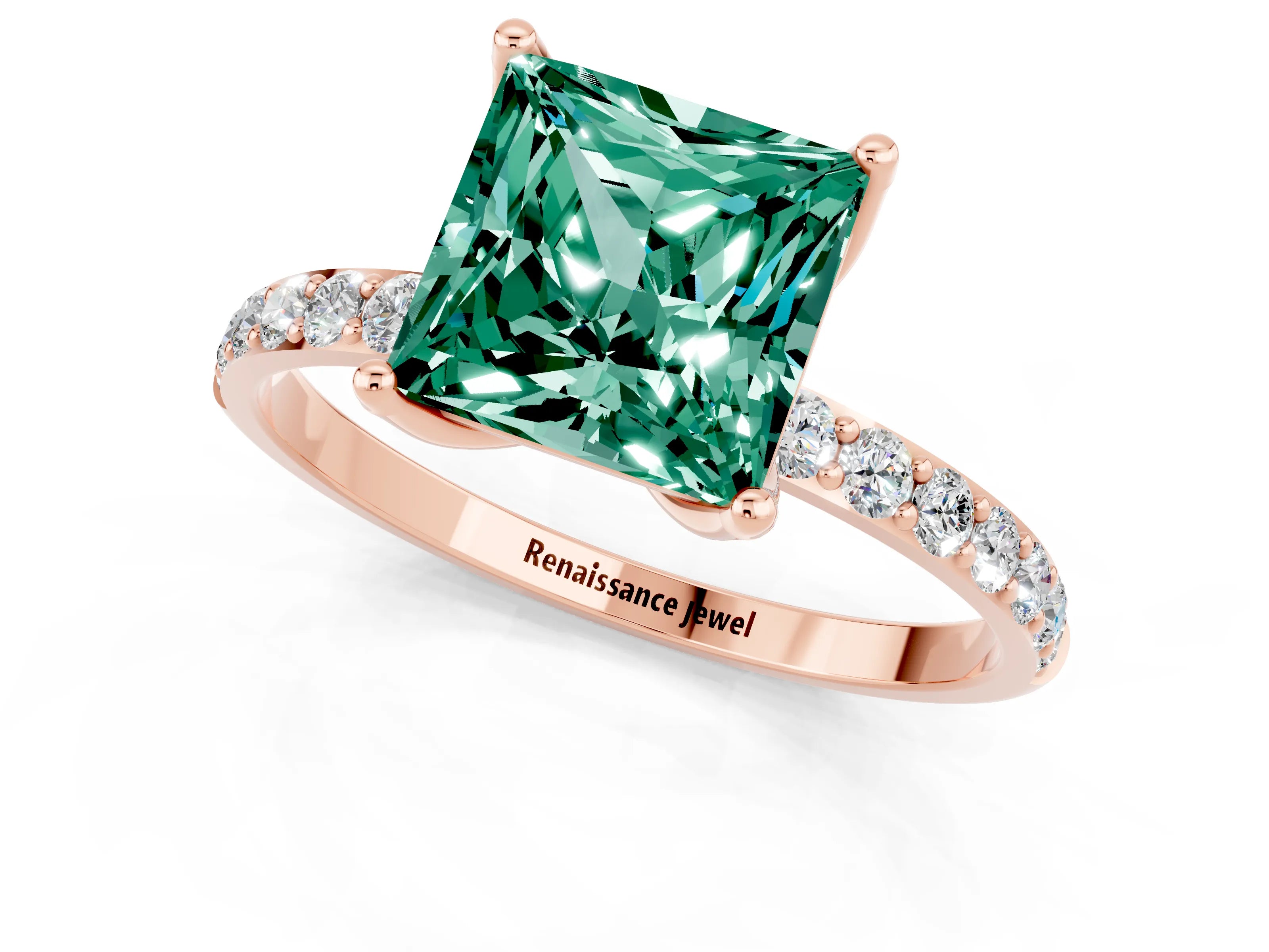 Rose gold Princess Cut Green Sapphire Solitaire Engagement Ring with Pavé Band and Prong Setting_1