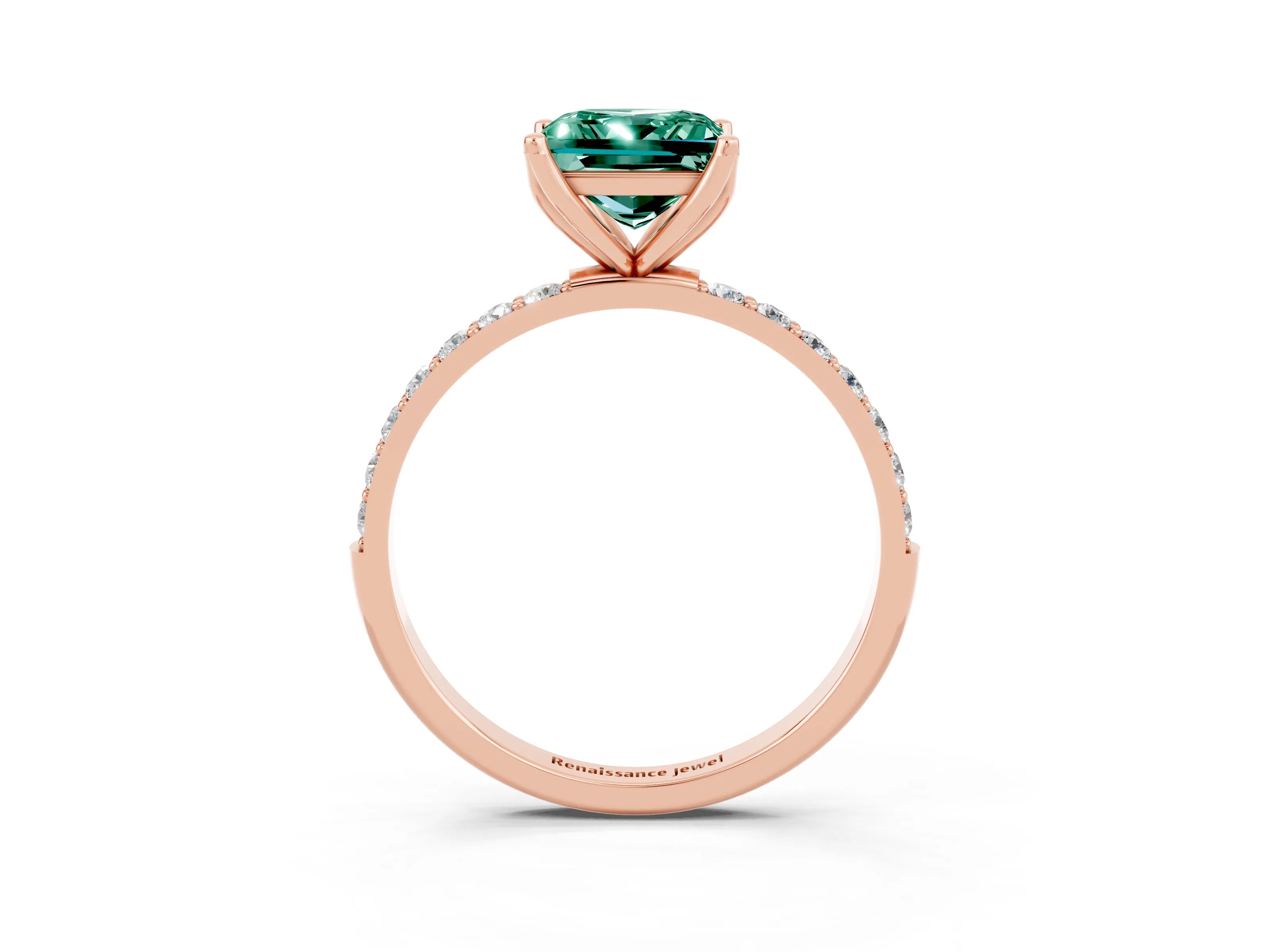 Rose gold Princess Cut Green Sapphire Solitaire Engagement Ring with Pavé Band and Prong Setting_3