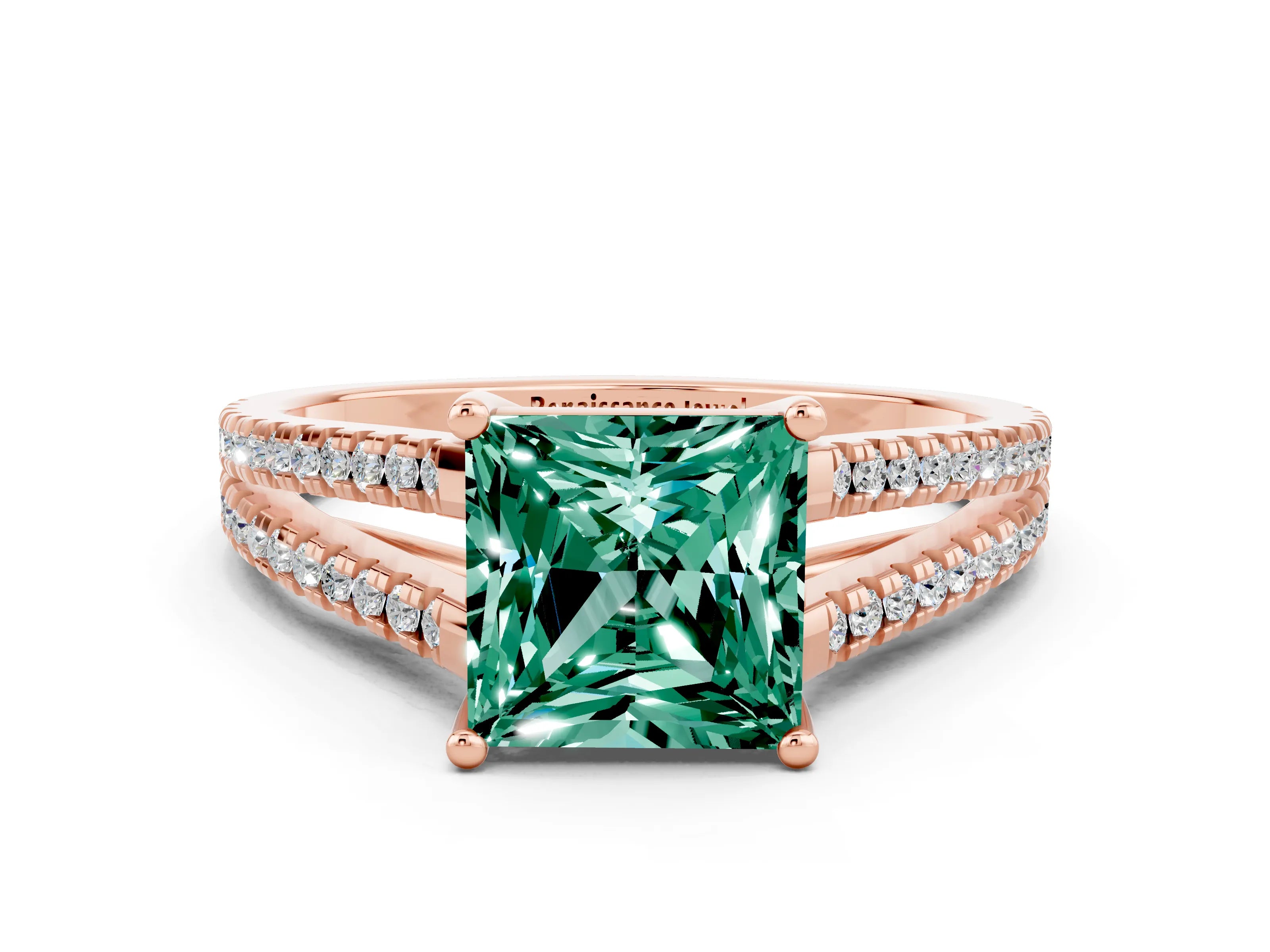 Rose gold Princess Cut Green Sapphire Solitaire Engagement Ring with Split Shank Pavé Band