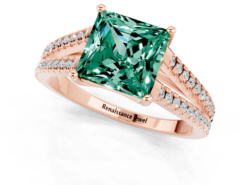 Rose gold Princess Cut Green Sapphire Solitaire Engagement Ring with Split Shank Pavé Band_1