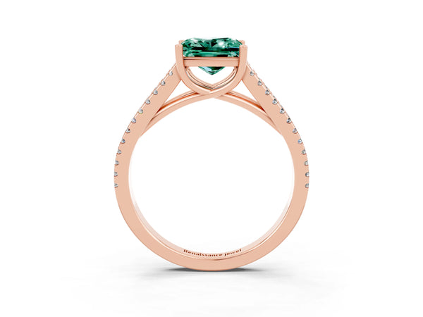 Rose gold Princess Cut Green Sapphire Solitaire Engagement Ring with Split Shank Pavé Band