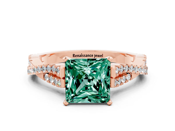 Rose gold Princess Cut Green Sapphire Solitaire Engagement Ring with Twisted Pavé Band and Four-Prong Setting