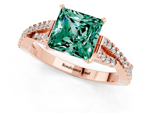 Rose gold Princess Cut Green Sapphire Solitaire Engagement Ring with Twisted Pavé Band and Four-Prong Setting