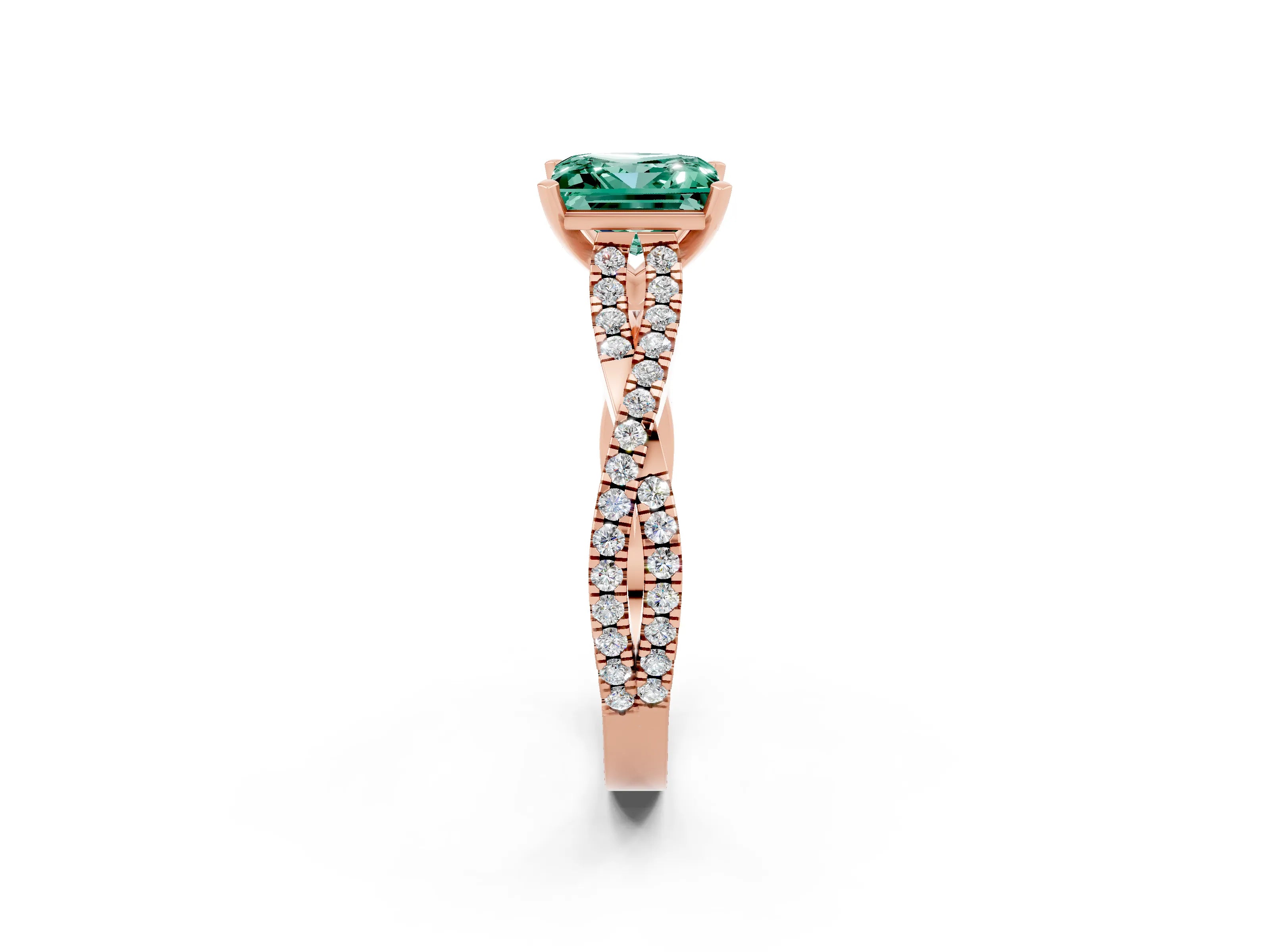 Rose gold Princess Cut Green Sapphire Solitaire Engagement Ring with Twisted Pavé Band and Four-Prong Setting_14